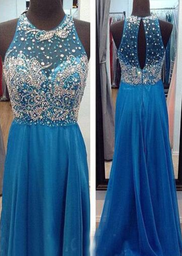 Blue Beaded Embellished Crew Neck Halter Floor Length Formal Dress Featuring Keyhole Back