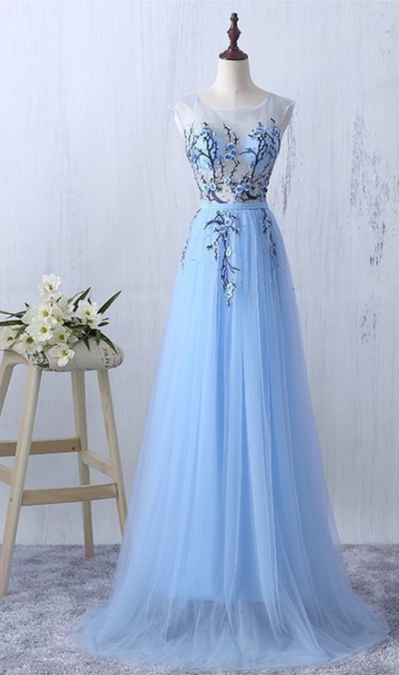 Ice Blue A Line Long Tulle Prom Dresses With Applique