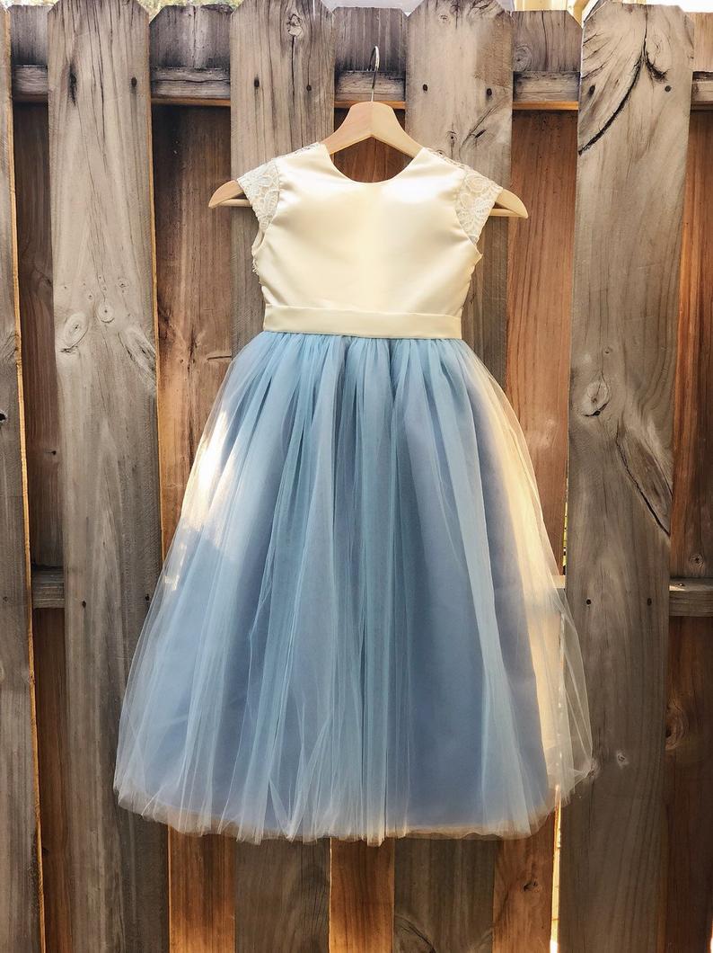 Dusty Blue Flower Girl Dress, Floor Length Dusty Blue Satin And Lace Flower Girl Dress, Baptism Dress, Formal Girl Dress, Dusty Blue Wedding