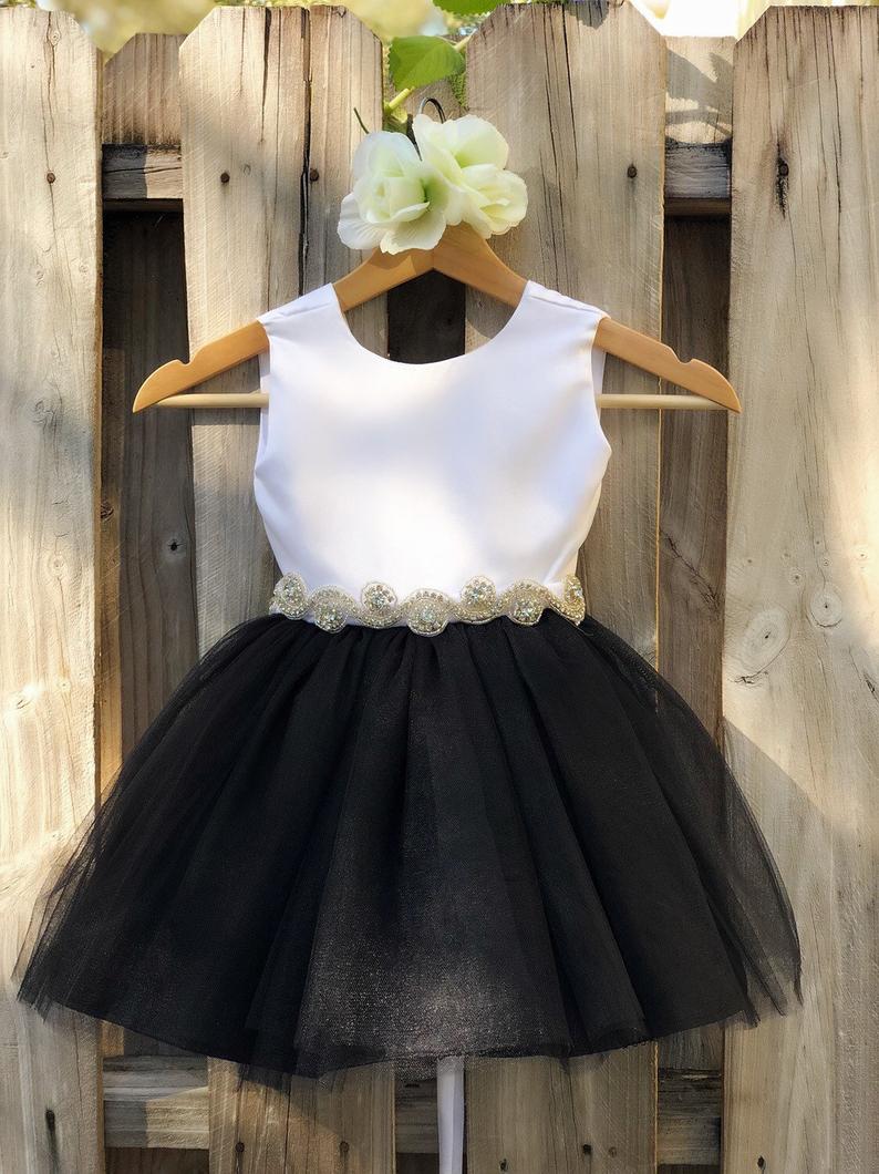 Black Flower Girl Dress With Rhinestone Sash. Elegant White And Satin Black Tulle Flower Girl Dresses, Black And White Wedding