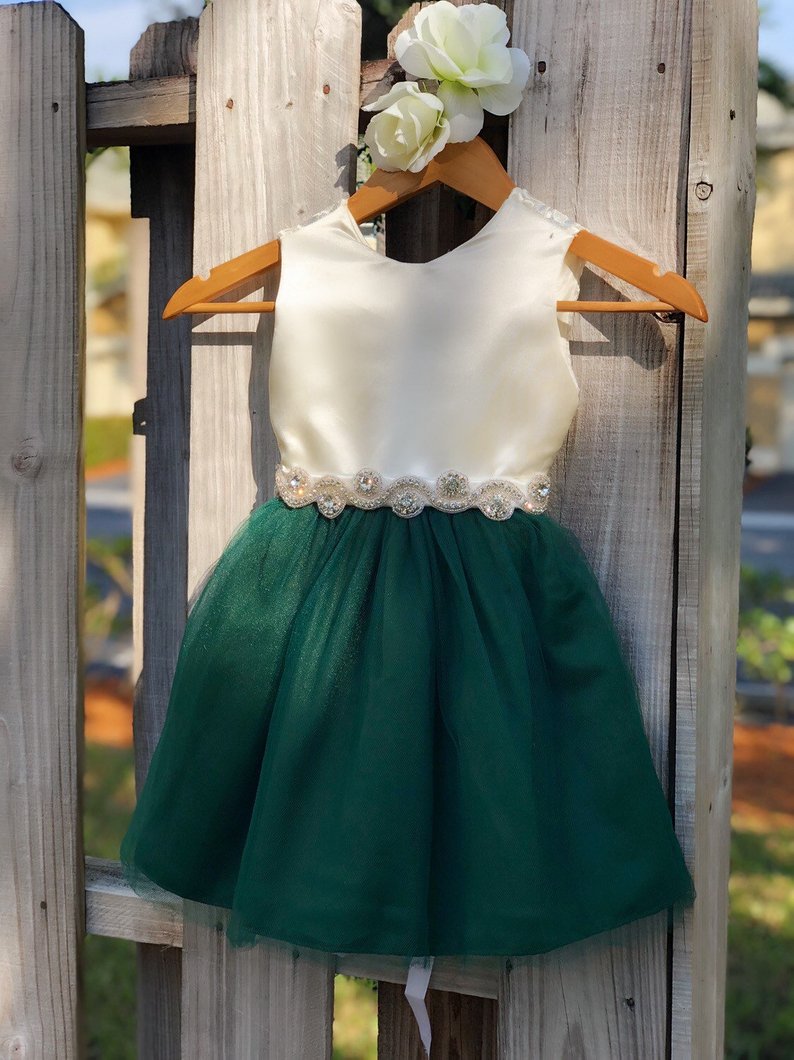 Hunter Green Flower Girl Dresses With Rhinestone Sash. Elegant Ivory Satin And Hunter Tulle Flower Girl Dress. Hunter Green Wedding