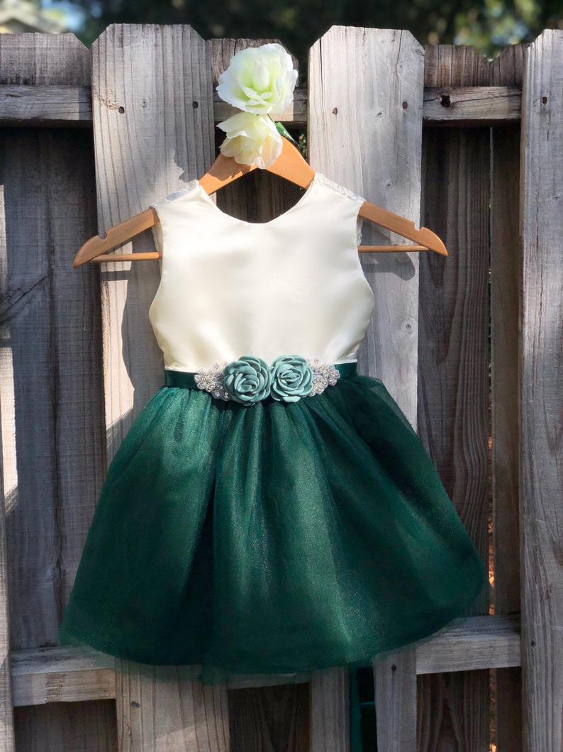 Emerald Green Flower Girl Dress With Rhinestone Flower Sash. Elegant Ivory Satin And Emerald Tulle Flower Girl Dresses, Hunter Green Wedding