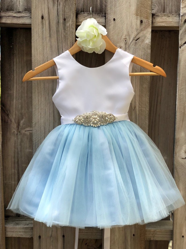 Dusty Blue Flower Girl Dress Rhinestone Flower Sash Elegant Satin Tulle Flower Girl Dresses, Dusty Blue Wedding