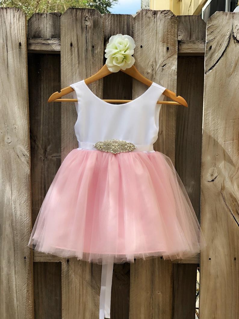 Pink Flower Girl Dress With Rhinestone Sash. Elegant White Satin And Pink Tulle Flower Girl Dresses For Baptism,