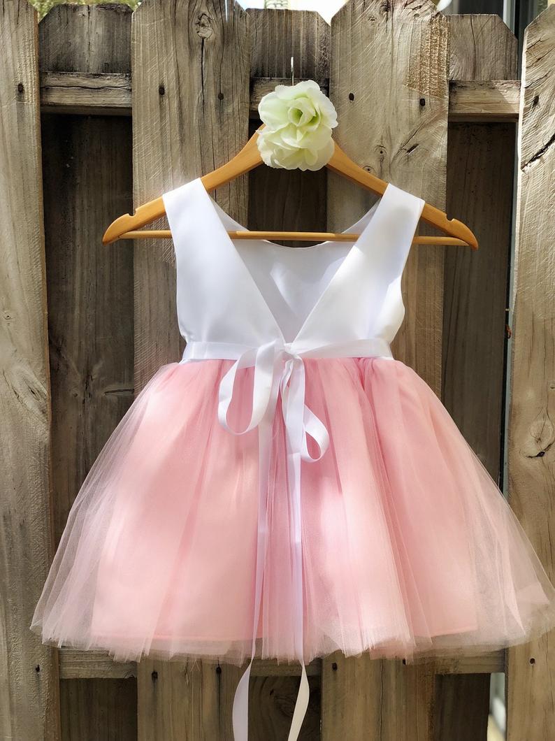 Pink Flower Girl Dress With Rhinestone Sash. Elegant White Satin And ...