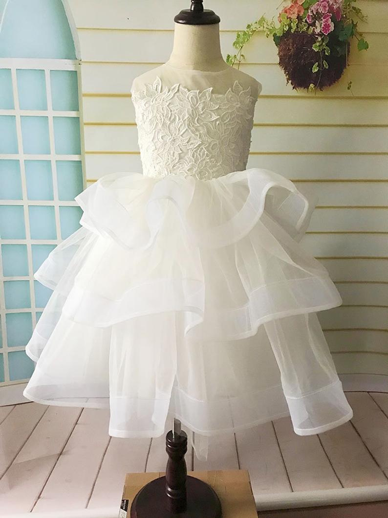 Lace Flower Girl Dress, Tulle Layered Flower Girl Dress, First Communion Dress, Birthday Girl Dress, Tutu Flower Girl Dress