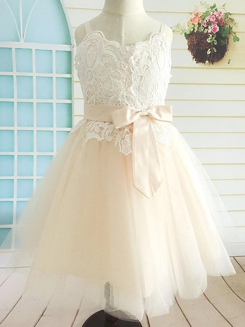 Wedding Champagne Flower Girl Dress, Lace Applicated Tulle Flower Girl Dress Tea Length