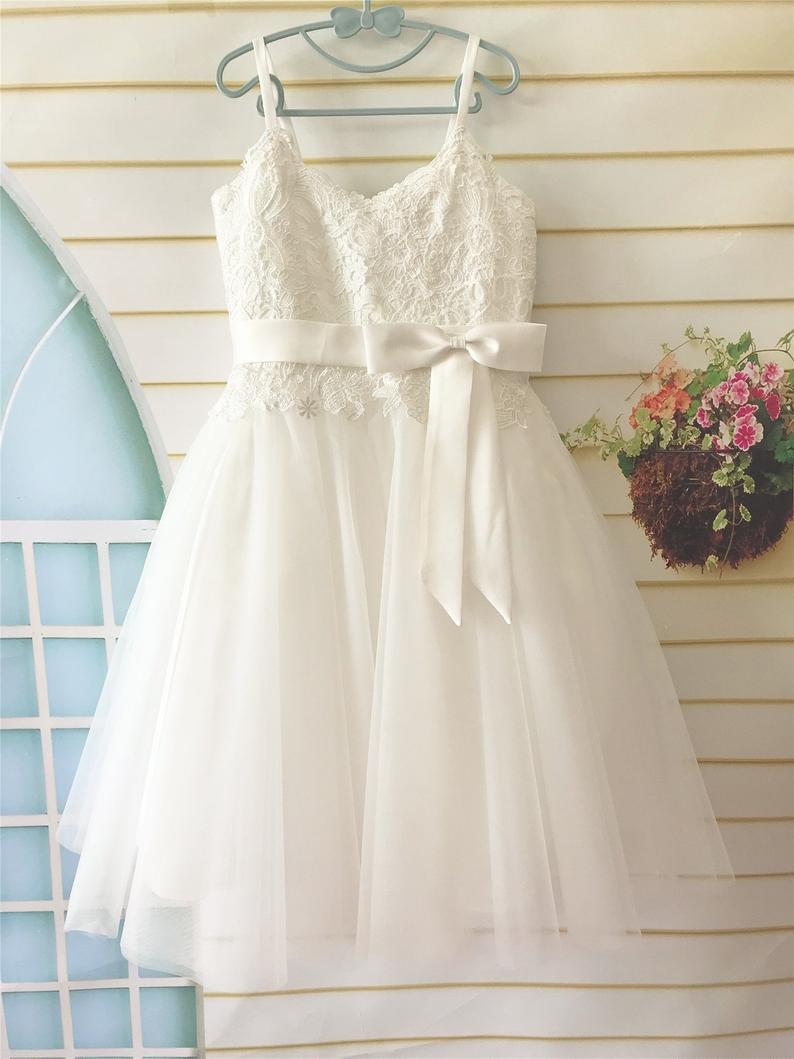 Wedding Light Ivory Flower Girl Dress, Lace Applicated Tulle Flower Girl Dress Tea Length Message Seller
