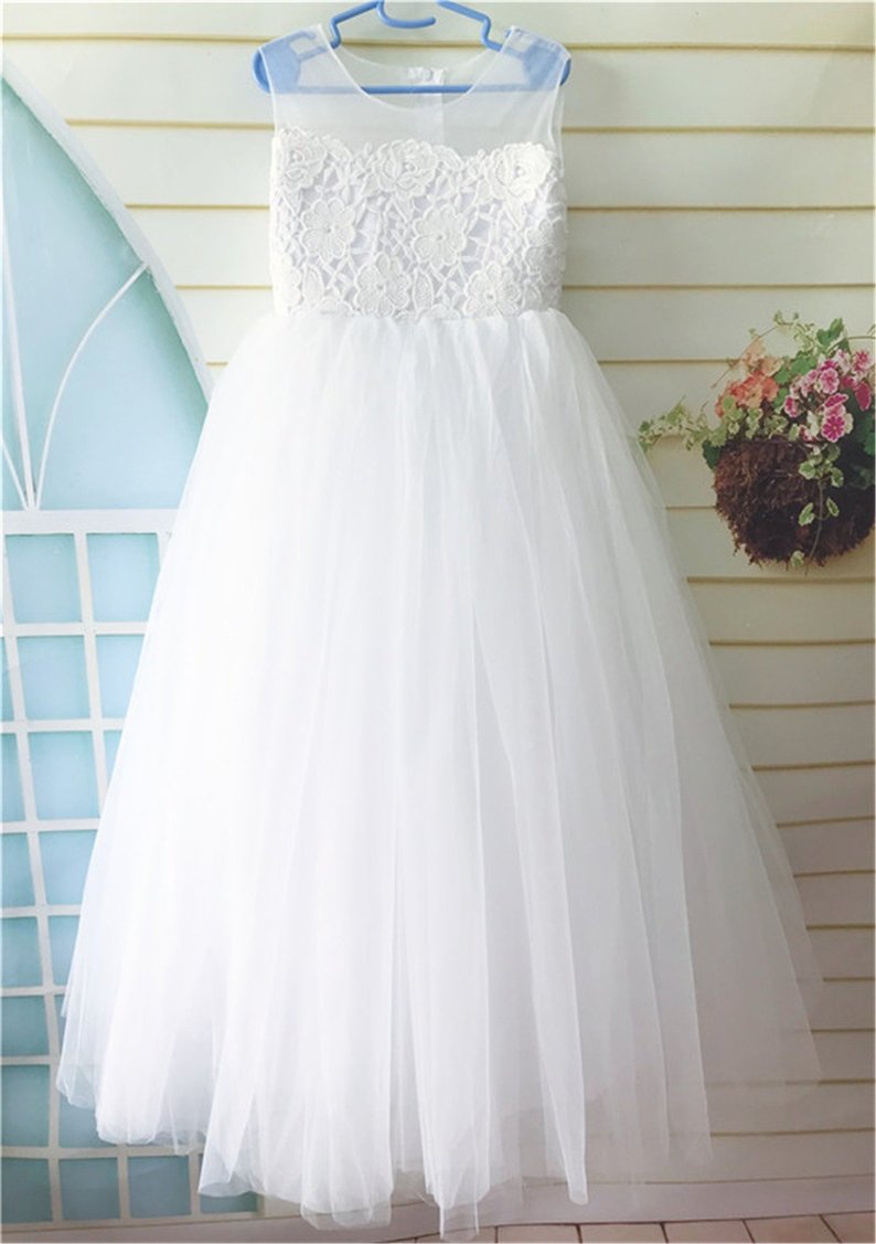 White Lace Flower Girl Dress, Tulle Flower Girl Dress, Flower Girl Dresses For Wedding, Birthday Girl Dress, Tutu Dress Floor Length