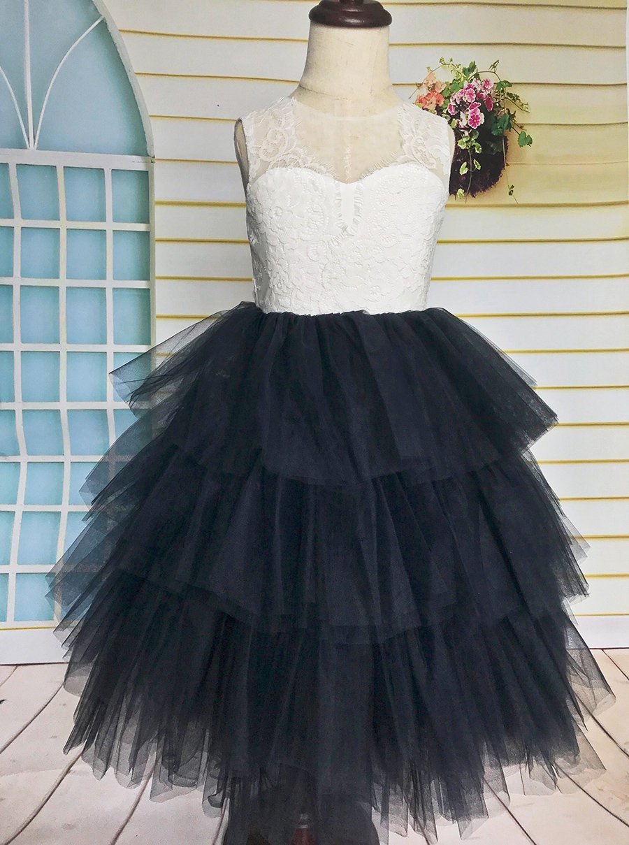 Layered Lace Tulle Flower Girl Dress, Tutu Girl Dress With Navy Blue Skirt For Wedding