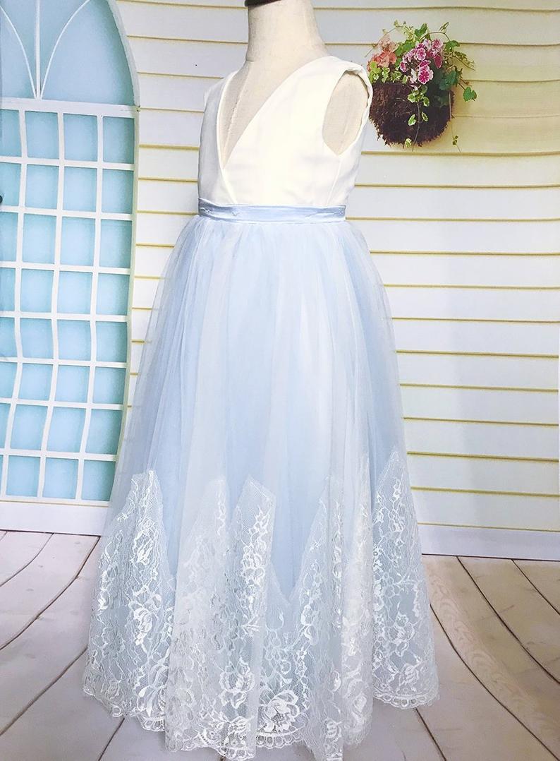 Light Blue Lace Tulle Flower Girl Dress, Lace Flower Girl Dress With V Neck Floor Length For First Communion Wedding Or Birthday