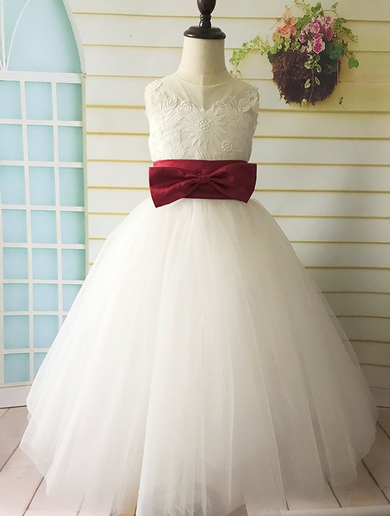Lace Tulle Flower Girl Dress, Wedding Girl Dress, Tutu Dress, First Communication Dress With Apple Red Sash Bows V Back