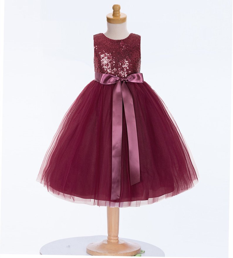 Burgundy Sequin Mesh Flower Girl Dress, Ivory Tulle Dresses, Pageant Girl Dresses, Formal Dresses