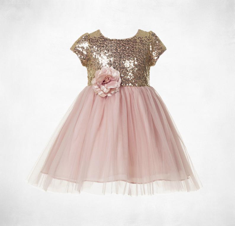 Sequin Flower Girl Dress, Tulle Flower Girl Dress, Short Sleeves Girl Dress, Pink Dresses, Knee Length Dress