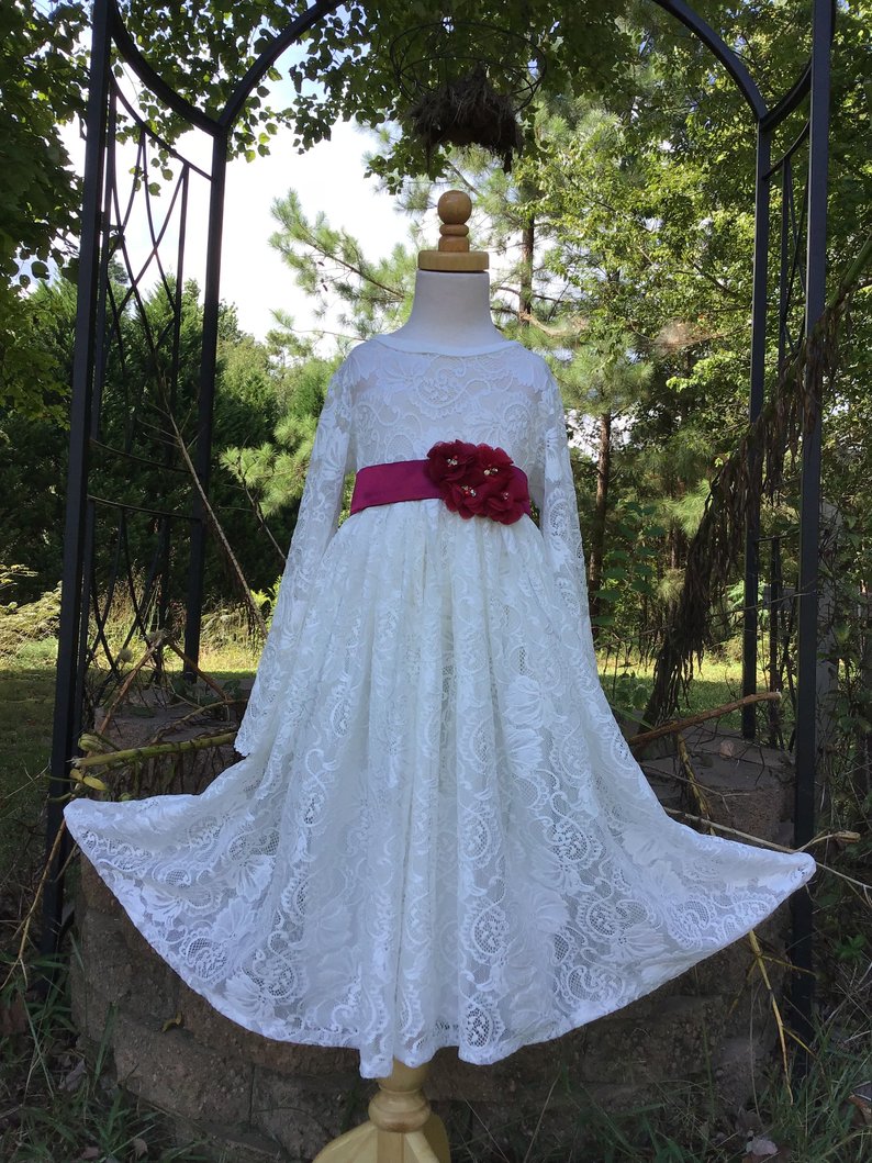 White Lace Flower Girl Dress,lace Flower Girl Dress,long Sleeve Lace Dress,country Weddings,rustic Wedding Flower Girl Dress