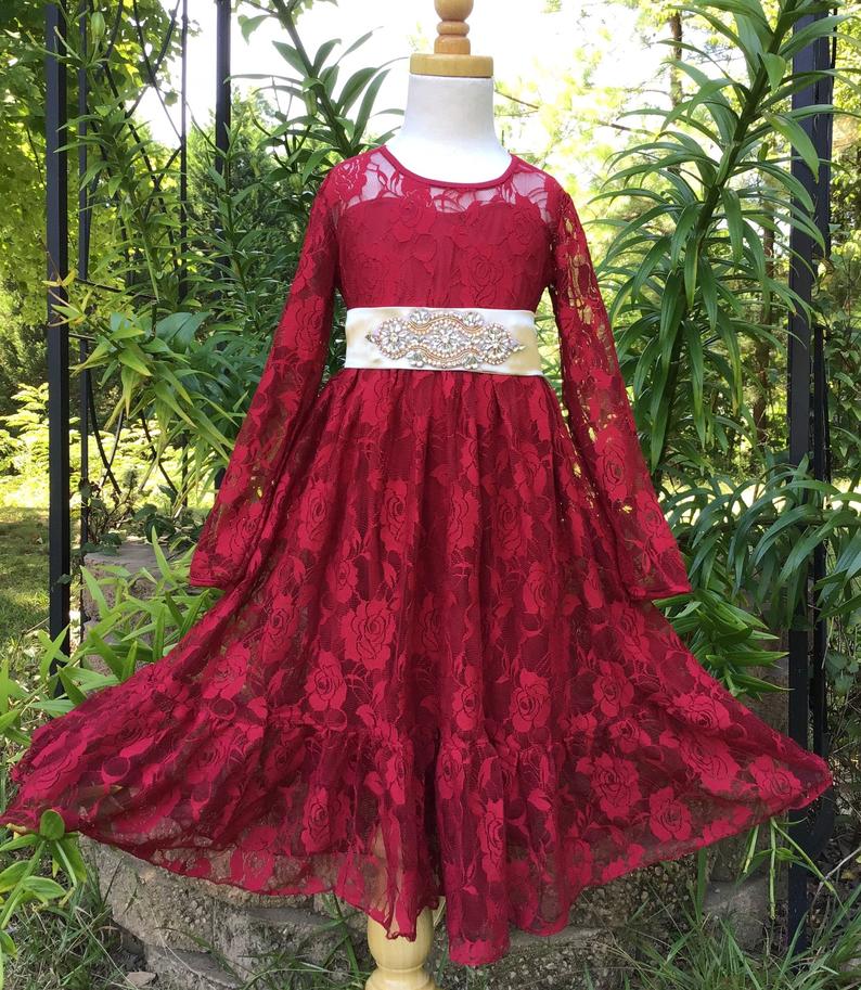 Burgundy/wine Lace Flower Girl Dress,long Sleeve Lace Dress,country Weddings,rustic Wedding Flower Girl Dress