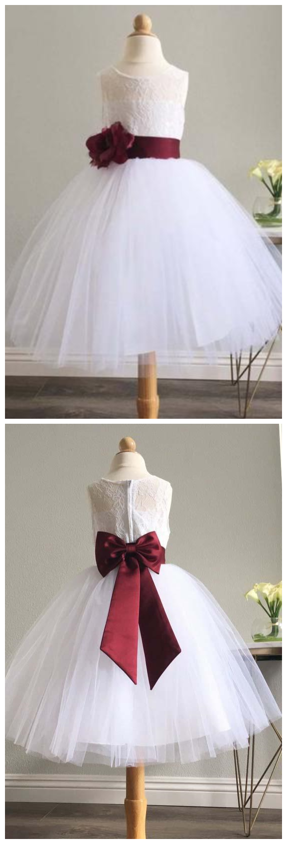 White Long Tulle Flower Girl Dress With Burgundy Sash, Puffy Sleeveless Dress With Bowknot