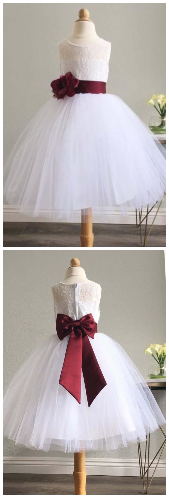 burgundy and white flower girl dress