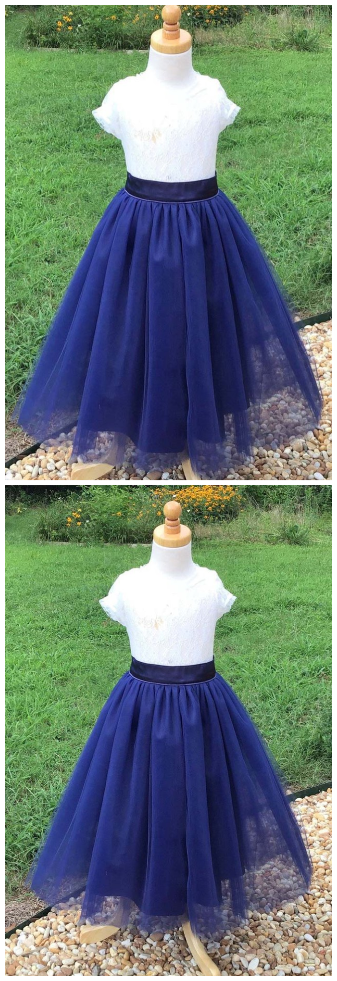 Blue Tulle Long Flower Girl Dress With Lace Top, Cute Flower Girl Dress With Short Sleeve