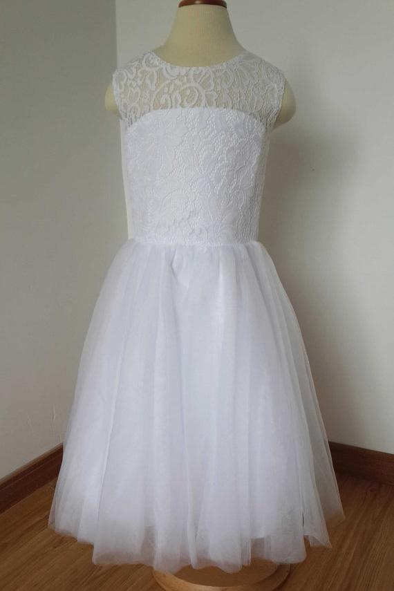 White A Line Sleeveless Tulle Flower Girl Dress With Bow, Lace Flower Girl Dresses