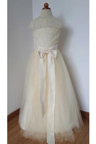 Floor Length Cream Color Lace Tulle Flower Girl Dress With Open Back