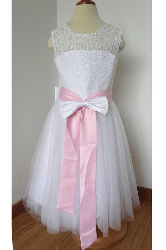 A Line Floor-length White Lace Tulle Flower Girl Dress With Pink Bow Sash