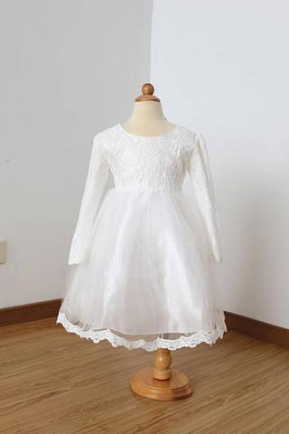 A Line Long Sleeves Ivory Lace Tulle Flower Girl Dress with Lace Edge and Bowknot 