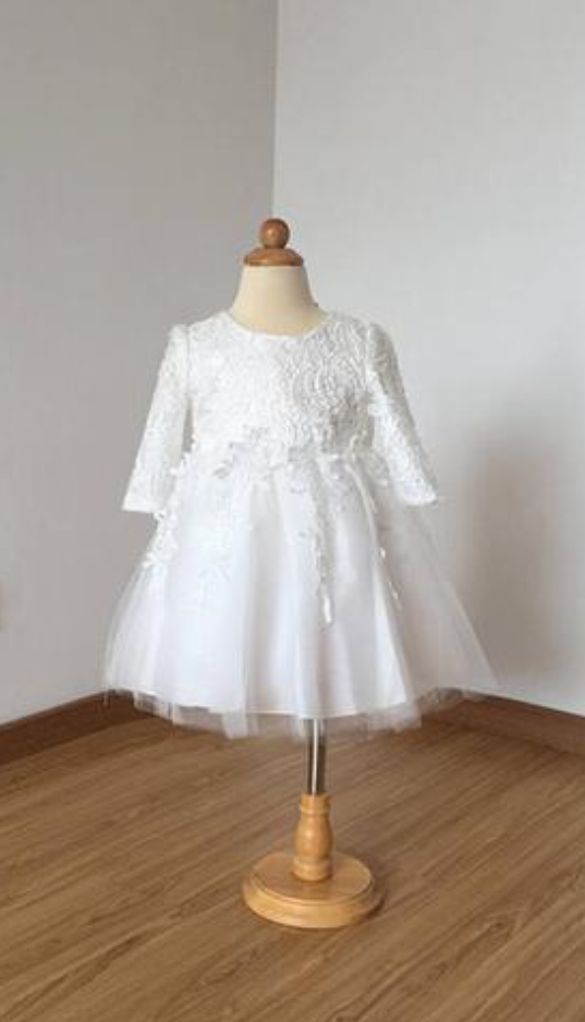 Floor Length Ivory Lace Tulle Long Sleeves Flower Girl Dress With Bow