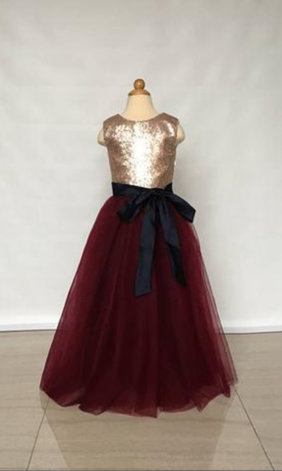 Floor Length Sleeveless Gold Sequin Burgundy Tulle Flower Girl Dress With Black Sash