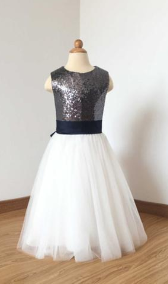 A Line Floor Length Charcoal Grey Sequin Ivory Tulle Flower Girl Dress With Navy Blue Bow