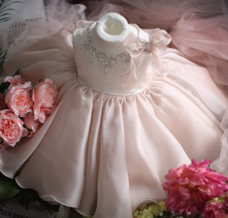 Flower Girl Dress, Pink Flower Girl Dress, Light Pink Flower Girl Dress, Bow Shoulder Flower Girl Dress, Junior Bridesmaid Dress, Baby Girl