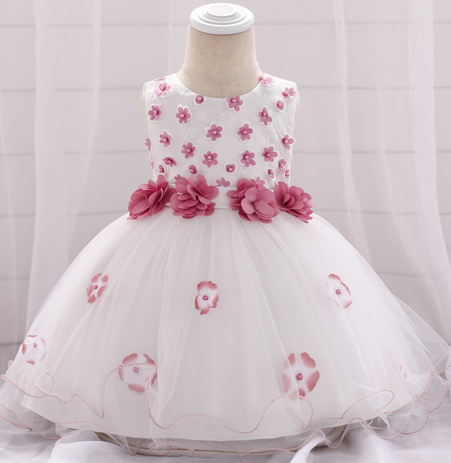 Beaded Flower Girl Dress Floral Princess Newborn Baptism Party Birthday Tutu Gown Baby Kids Clothes Bean