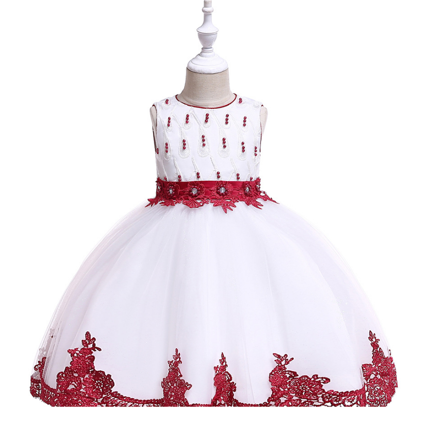 Lace Flower Girl Dress Princess Wedding Dance Birthday Party Tutu Gown Children Kids Clothes Wine Red