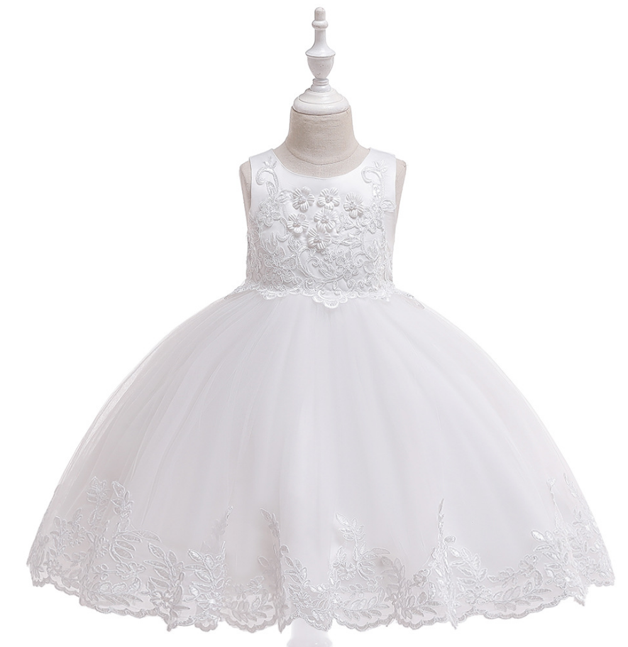 Applique Lace Flower Girl Dress Princess Wedding Birthday Prom Party Tutu Gonws Kids Children Clothes White