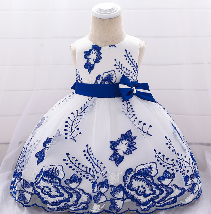 Embroidery Flower Girl Dress Bow Tutu Newborn Christening Baptism Party Birthday Gown Baby Kids Clothes Blue