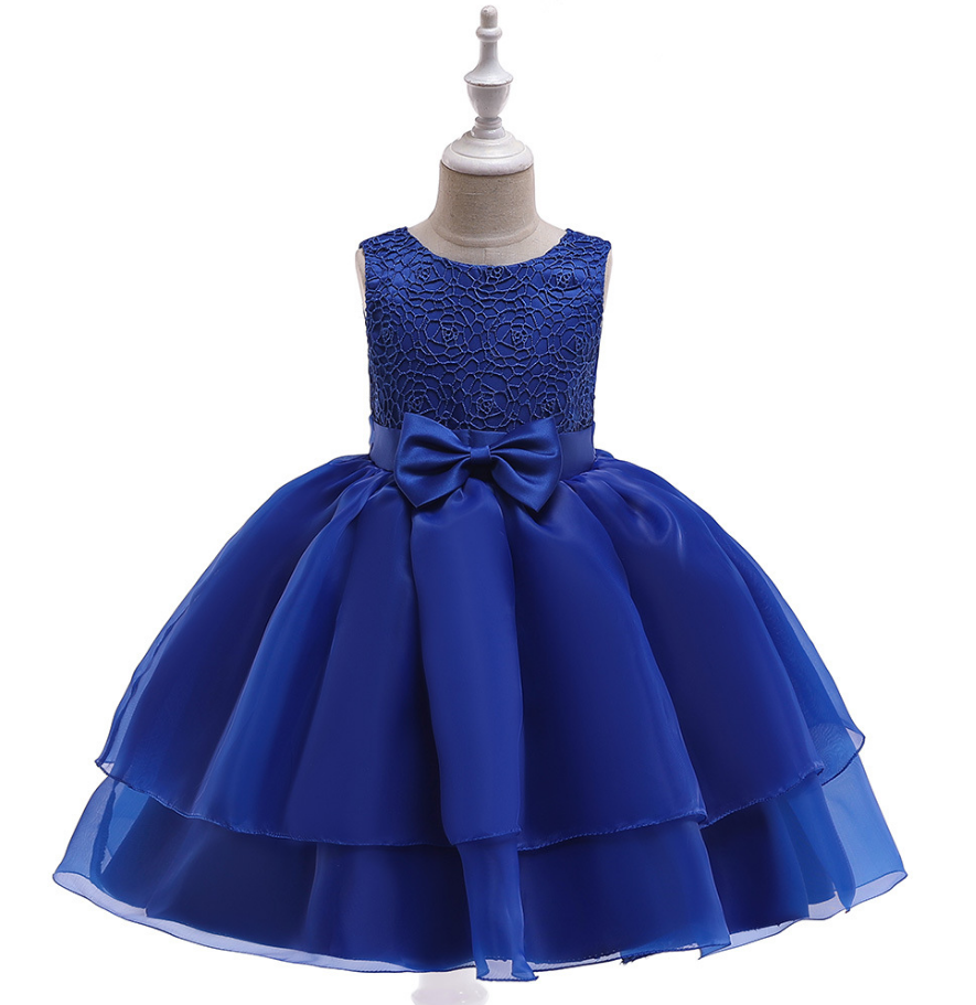 Lace Flower Girl Dress Sleeveless Layered Wedding Formal Birthday Cumunion Party Gown Children Clothes Royal Blue