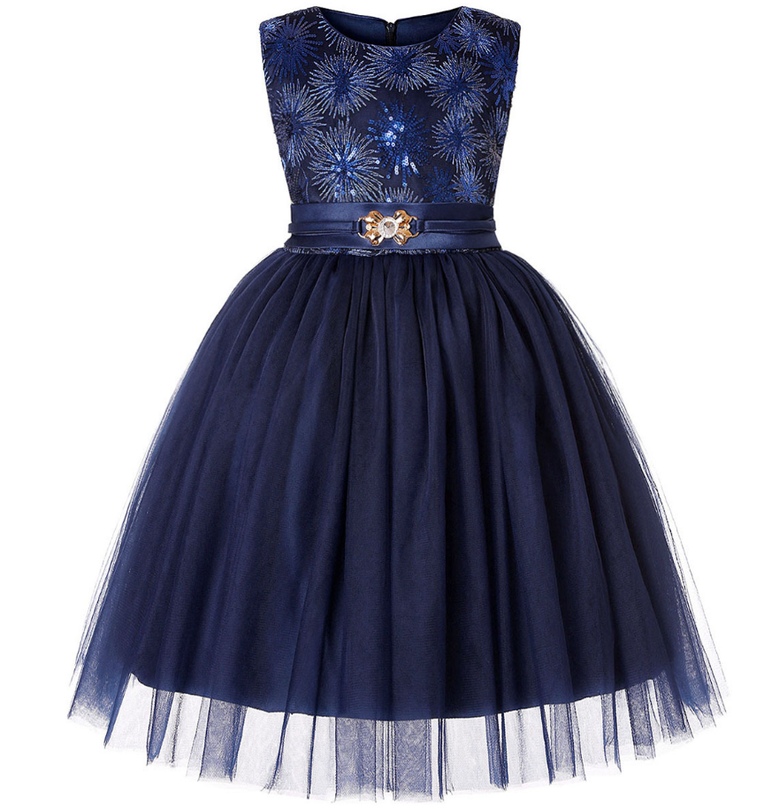 Sequined Flower Girl Dress Sleeveless Formal Birthday Perform Party Gown Children Clothes Navy Blue