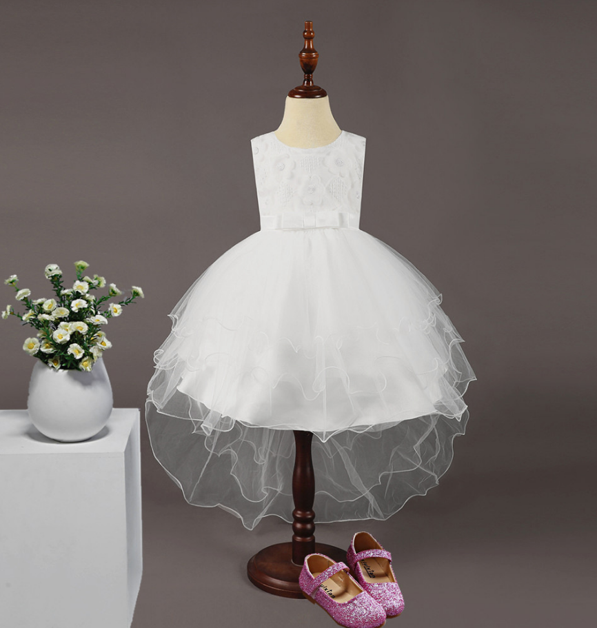 High Low Flower Girl Dress Sleeveless Trailing Wedding Birthday Toddler Party Tutu Gown Children Clothes Off White