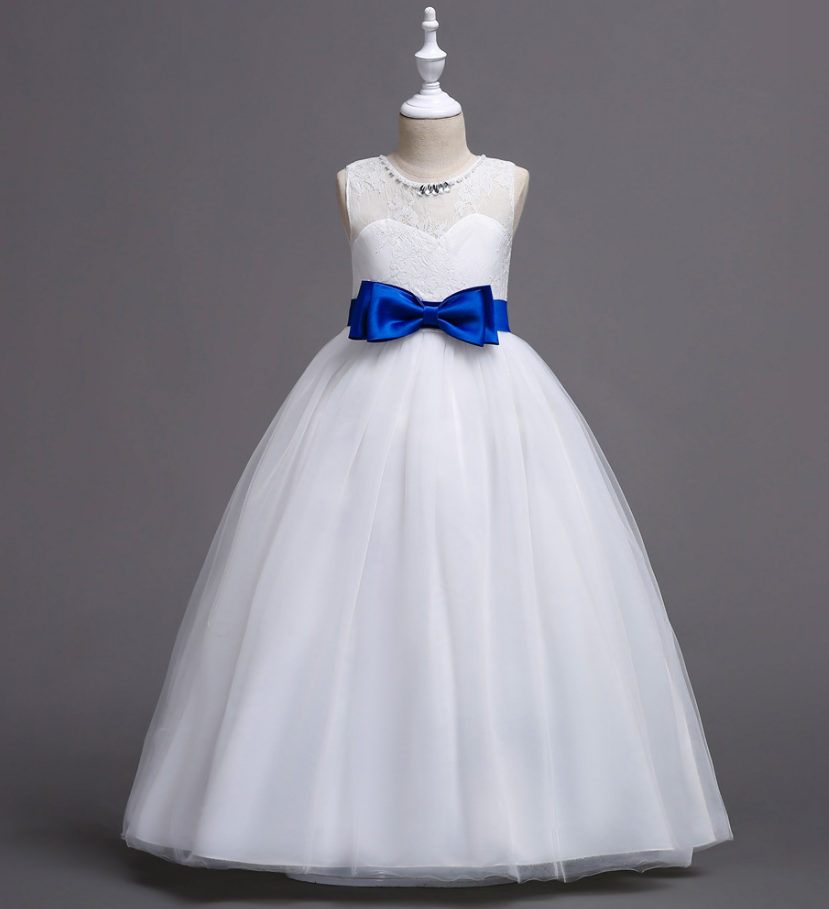 Flower Girl Dress Bow Wedding Formal Communion Party Gown Kids Children Clothes Blue