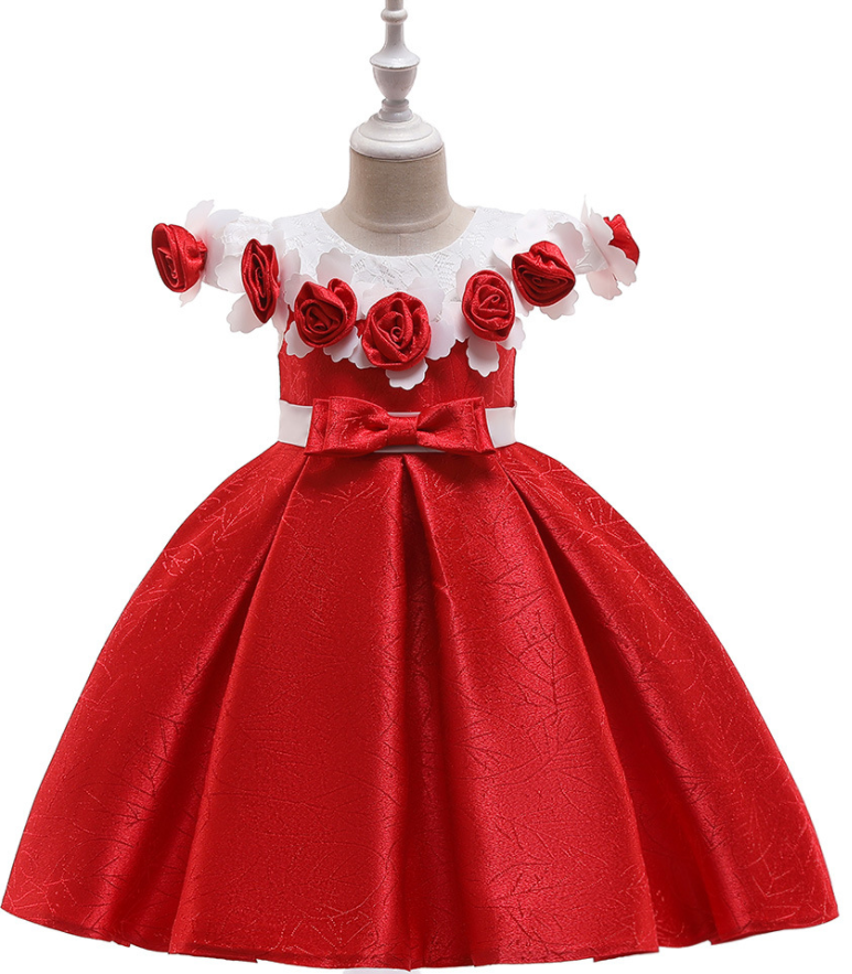 Princess Flower Girl Dress Floral Satin Formal Party Birthday Gown Children Kids Clothes Red