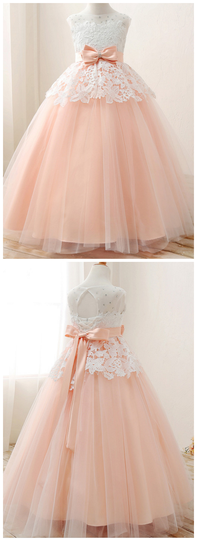 Pink And White Lace Tulle Flower Girl Dress With Bow Belt