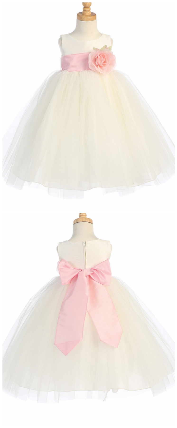 Blossom Ivory Poly Silk Bodice & Tulle Skirt Dress W/ Detachable Flower & Sash