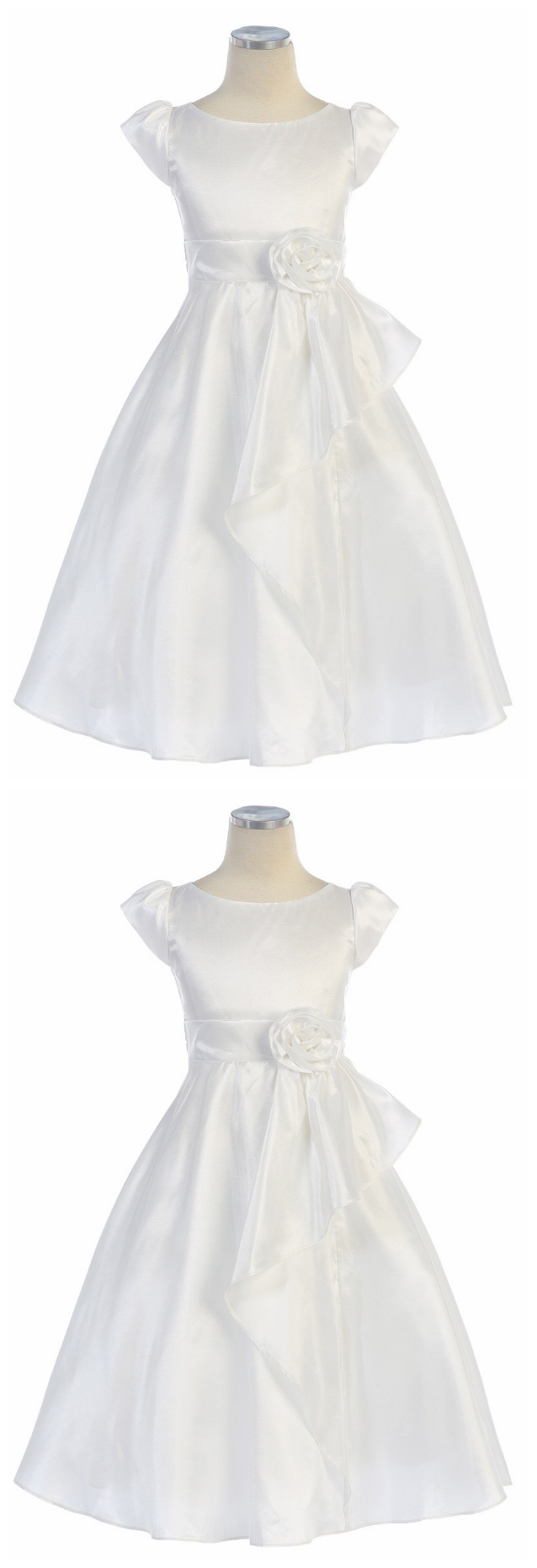 White Cap Sleeve Taffeta Dress W/ Front Cascade Ruffle