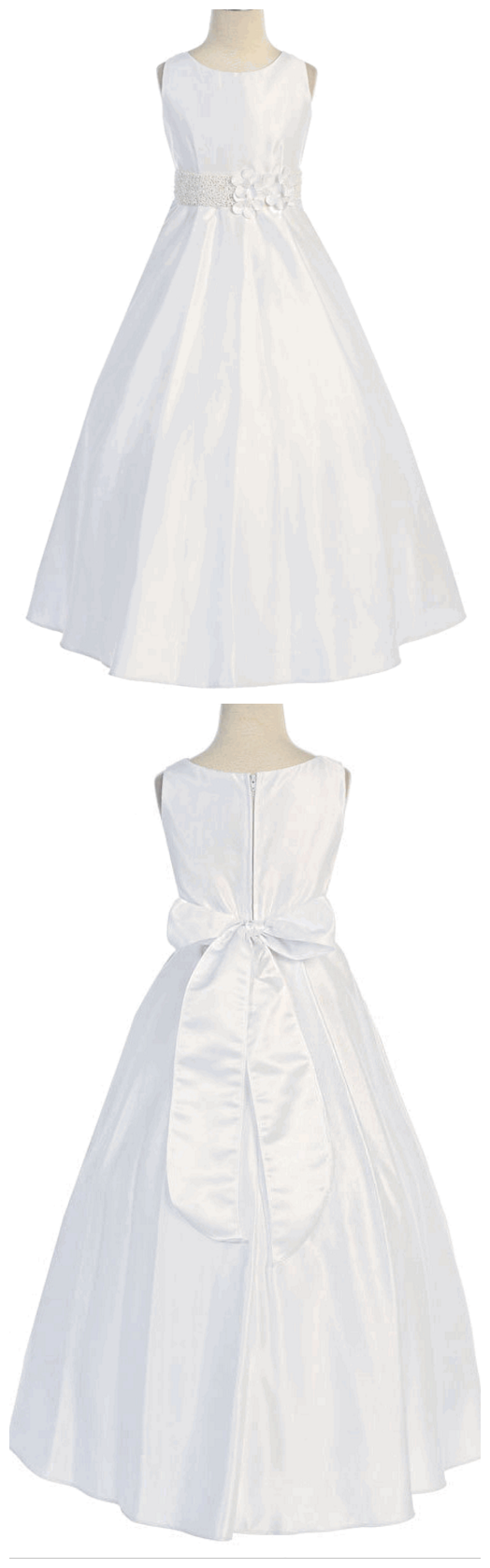 White Satin A-line Dress W/ Flowers & Beaded Waistline
