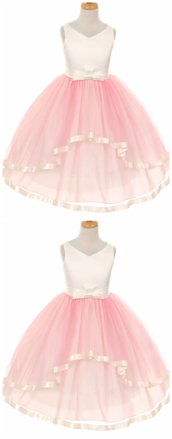 V-neck Satin Bow Layer Pink Tulle Dress