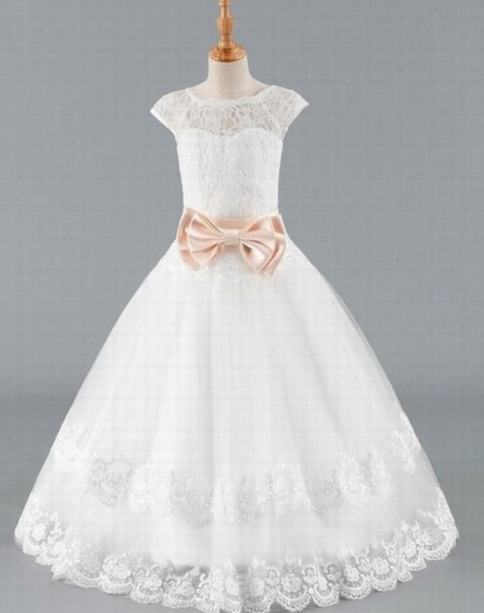 Flower Girl Dresses For Weddings Ball Gown Cap Sleeves Tulle Lace Bow First Communion Dresses For Little Girls St09
