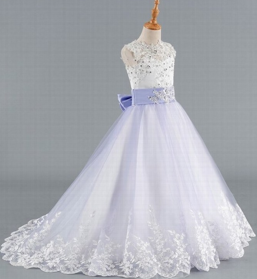 Blue Flower Girl Dresses For Weddings Ball Gown Cap Sleeves Tulle Lace Crystals First Communion Dresses For Little Girls St06 (1)