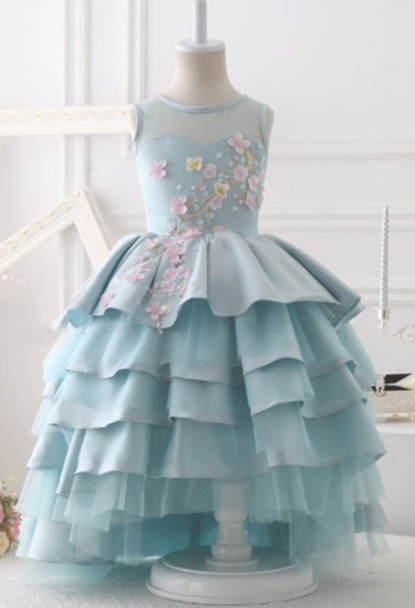Flower Girl Dresses Baby Blue Flower Girl Gown, Blue Flower Girl Gown, Junior Bridesmaid Gown, Blue Tiered Layered Flower Girl Gown, Little Girl