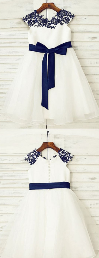 White & Blue Flower Girl Dresses,tulle Flower Girl Dresses With Belt, Cute Dress For Little Girls