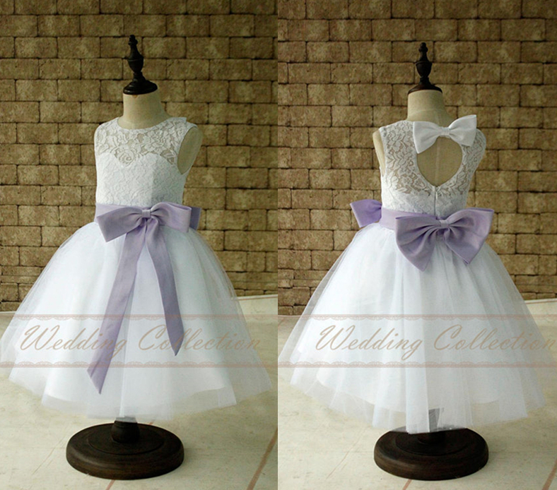 Pure White Lace Flower Girl Dresses, Tulle Flower Girls Dress With Lavender Sash And Bow,fg3249